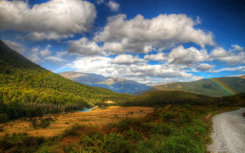 Rainbow over Mountain Valley — Blue, Serene, Afternoon
