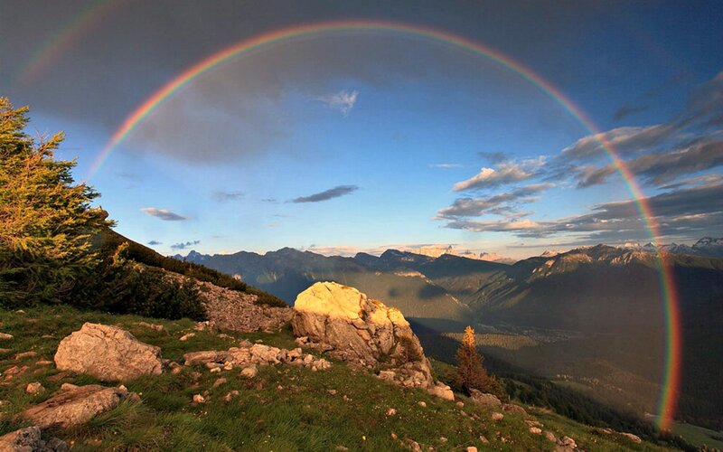 Rainbow over Mountain Valley — Blue, Serene, Sunset