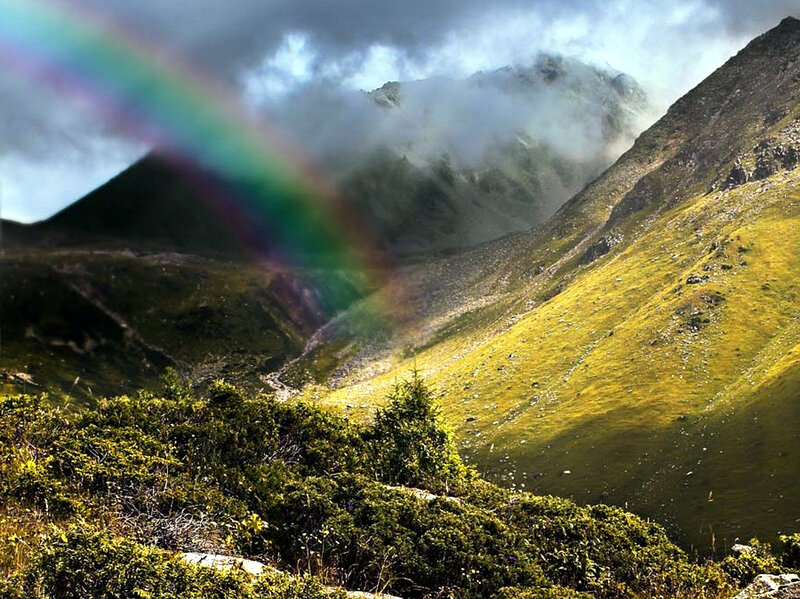 Rainbow over Mountain Valley — Green, Dramatic, Afternoon, Photograph, Clouds