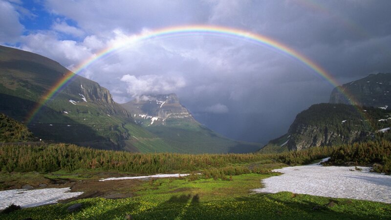 Rainbow over Mountain Valley — Green, Dramatic, Afternoon, Photograph, Mountains, Forest, Snow Patches, Clouds