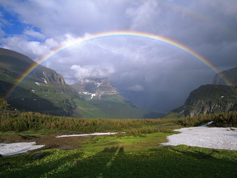 Rainbow over Mountain Valley — Green, Dramatic, Afternoon, Photograph, Mountains, Forest, Snow Patches