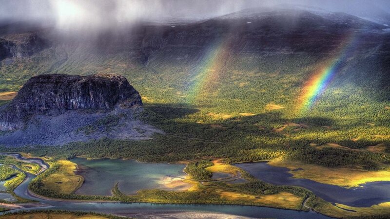 Rainbow over Mountain Valley — Green, Dramatic, Afternoon, Photograph, River, Forest