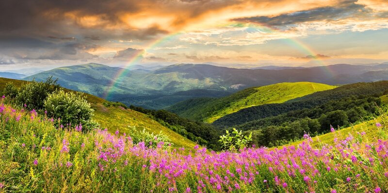 Rainbow over Mountain Valley — Green, Dramatic, Sunset