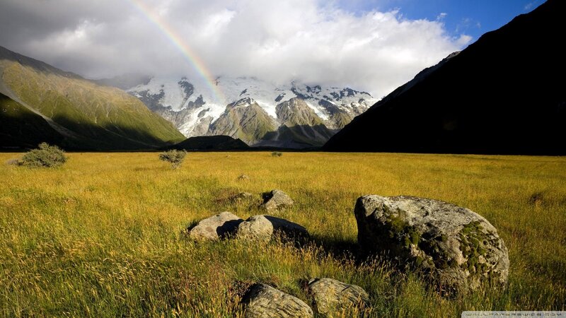 Rainbow over Mountain Valley — Green, Serene, Afternoon, Photograph, Grass Field