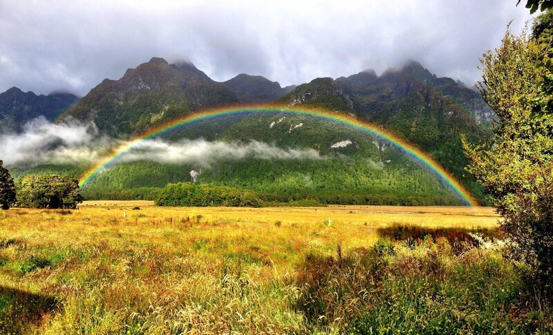 Rainbow over Mountain Valley — Green, Serene, Afternoon, Photograph, Mountains, Clouds