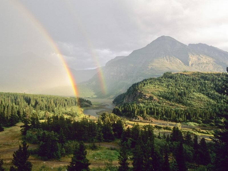 Rainbow over Mountain Valley — Green, Serene, Afternoon, Photograph, River, Forest