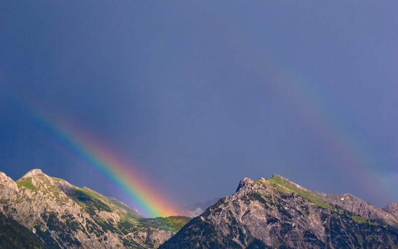 Rainbow over Mountains — Blue, Serene, Afternoon, Photograph, Sky