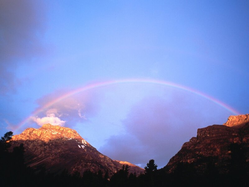Rainbow over Mountains — Blue, Serene, Sunset, Photograph, Clouds, Trees