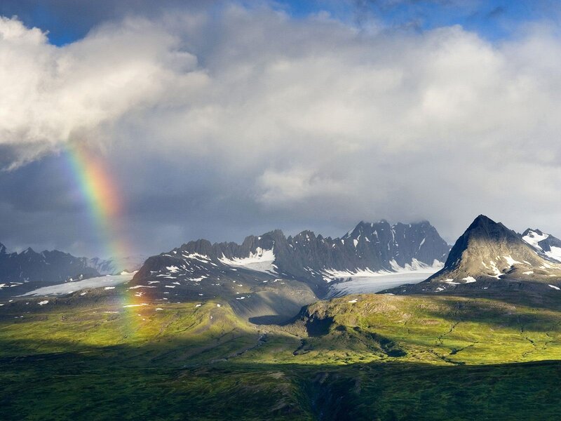 Rainbow over Mountains — Green, Dramatic, Afternoon, Photograph, Clouds, Glacier