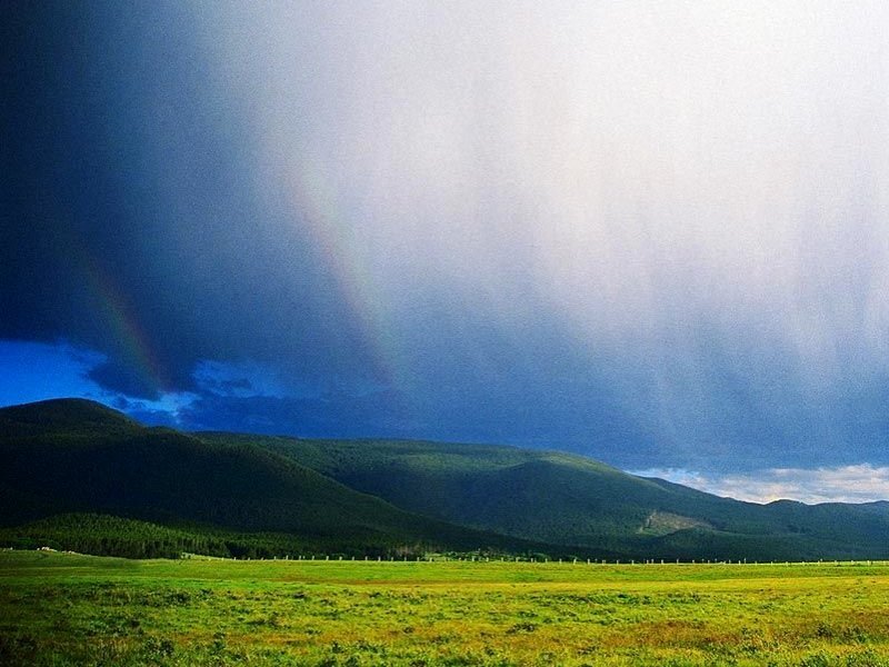 Rainbow over Mountains — Green, Dramatic, Afternoon, Photograph, Field, Clouds
