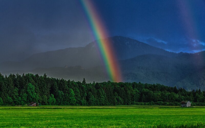 Rainbow over Mountains — Green, Dramatic, Afternoon, Photograph, Forest, Field