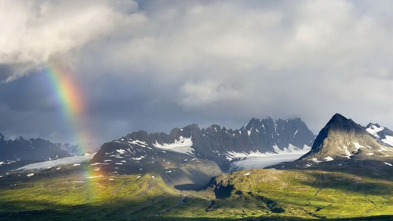 Rainbow over Mountains — Green, Dramatic, Afternoon, Photograph, Glacier, Clouds, Gray