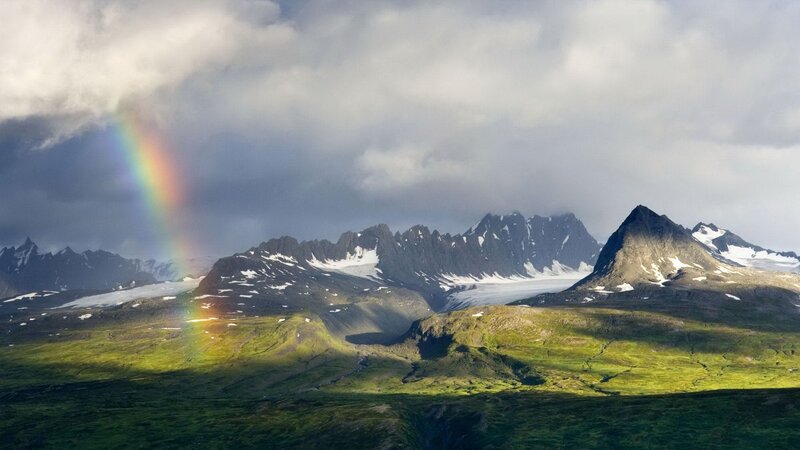 Rainbow over Mountains — Green, Dramatic, Afternoon, Photograph, Glacier