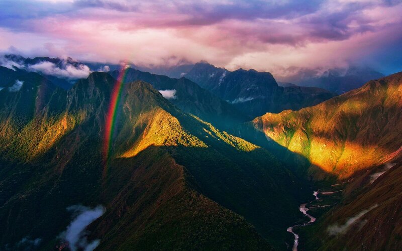 Rainbow over Mountains — Green, Dramatic, Sunset, Photograph