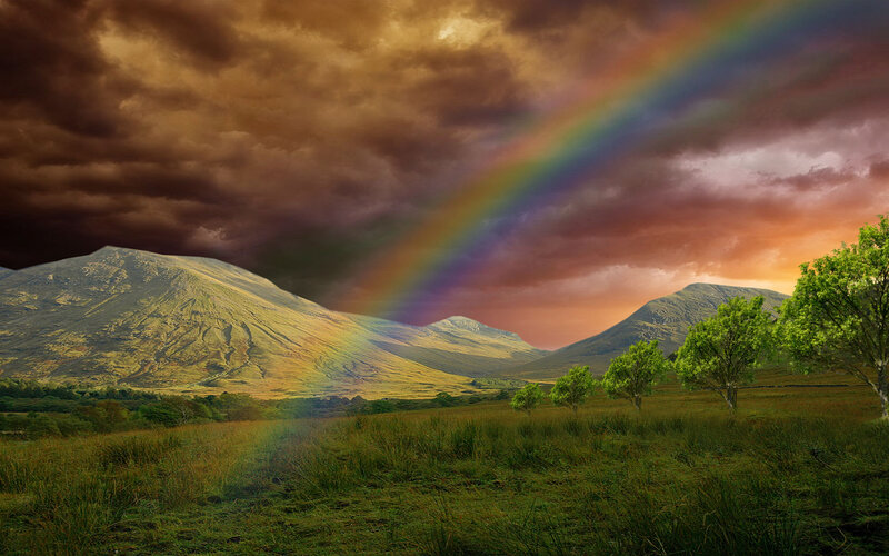 Rainbow over Mountains — Green, Dramatic, Sunset