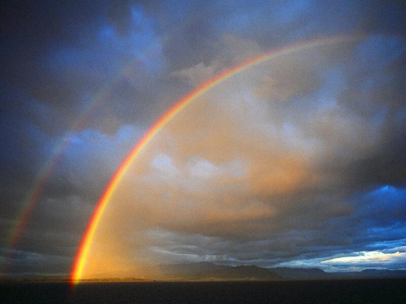 Rainbow over Ocean — Blue, Dramatic, Sunset, Photograph, Clouds, Mountains