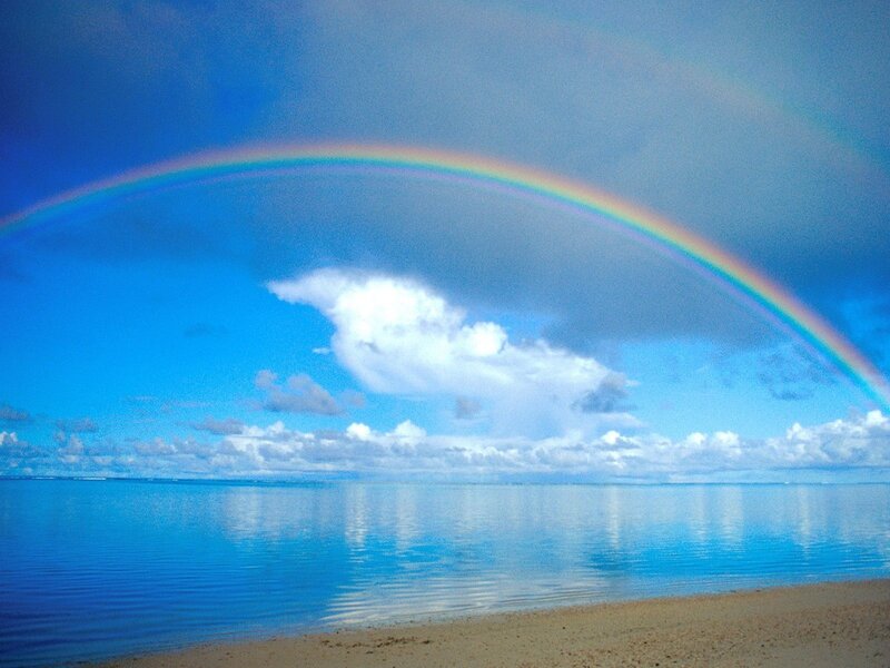 Rainbow over Ocean — Blue, Serene, Afternoon, Photograph, Clouds, Beach