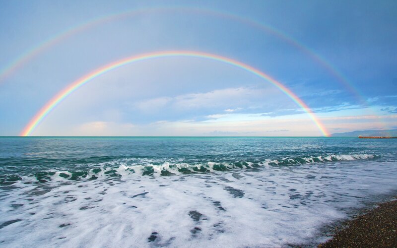 Rainbow over Ocean — Blue, Serene, Afternoon, Photograph, Sky