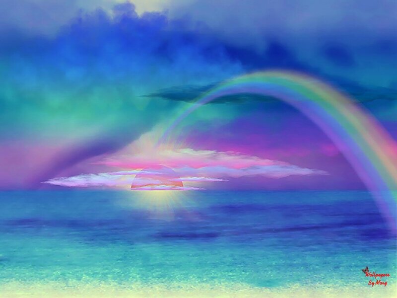 Rainbow over Ocean — Blue, Serene, Sunset, Digital Art