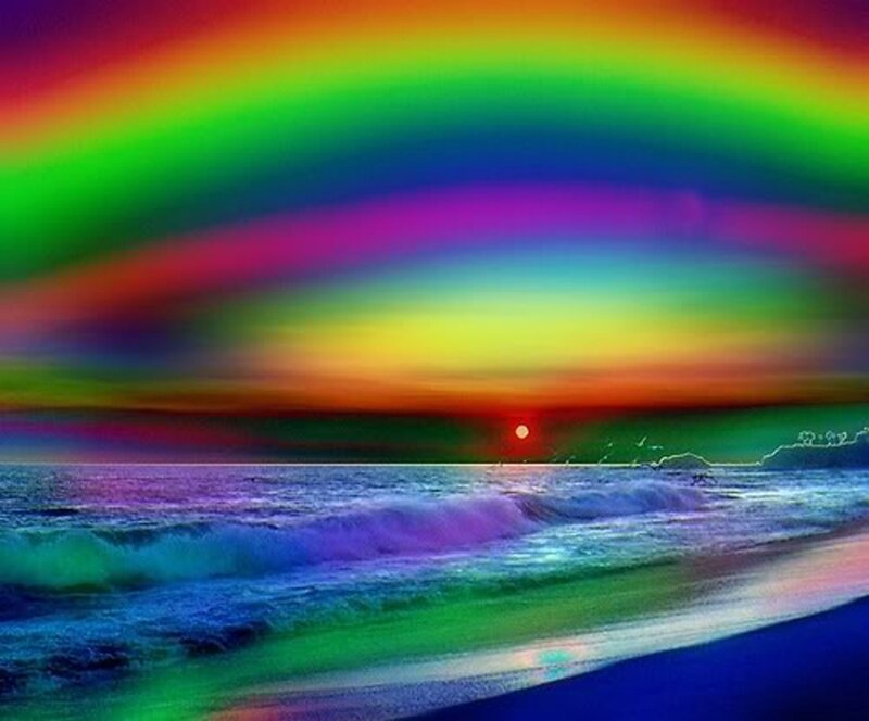 Rainbow over Ocean — Green, Dramatic, Sunset, Digital Art