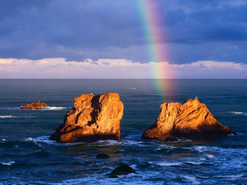 Rainbow over Ocean Rocks — Blue, Dramatic