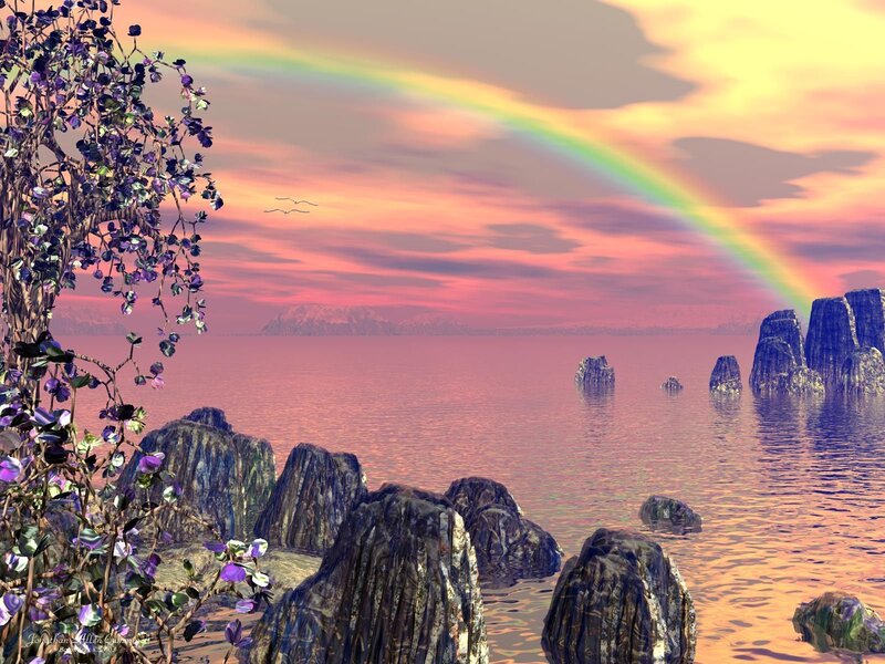 Rainbow over Ocean Rocks — Pink, Serene