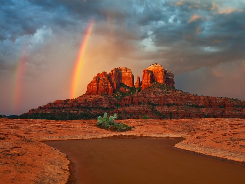 Rainbow over Red Rock — Dramatic, Sunset, Photograph, Clouds