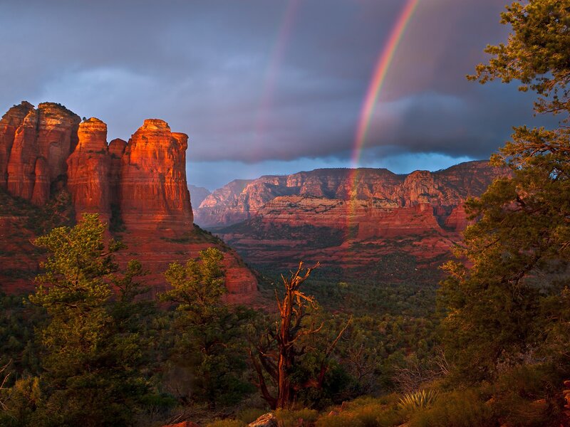 Rainbow over Red Rock — Dramatic, Sunset, Photograph