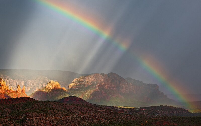 Rainbow over Red Rocks — Dramatic, Afternoon, Photograph