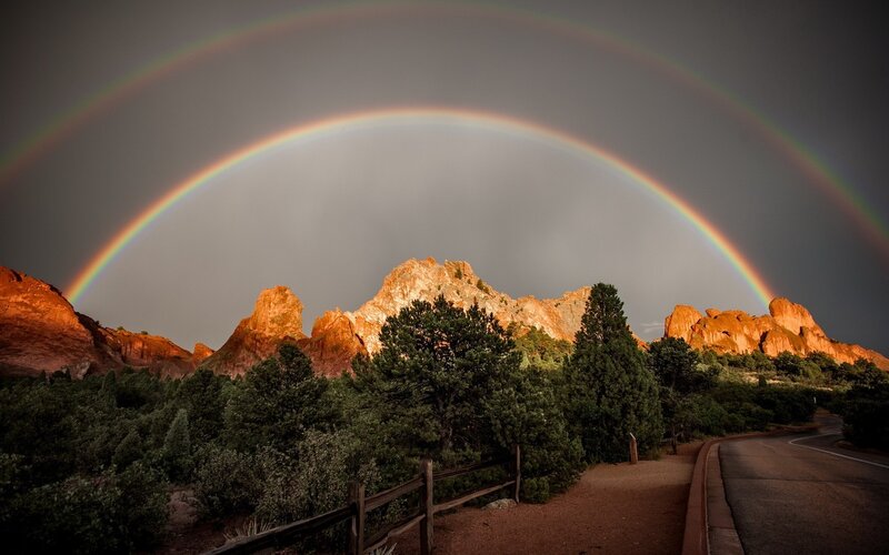 Rainbow over Rock Formations — Gray, Dramatic