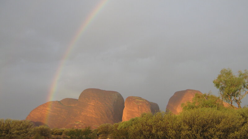 Rainbow over rock formations
