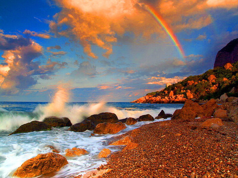 Rainbow over Rocky Beach — Blue, Dramatic, Sunset, Photograph