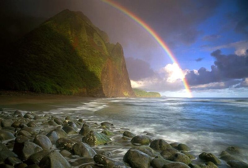 Rainbow over Rocky Beach — Blue, Dramatic, Sunset