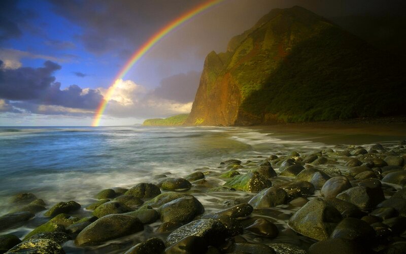 Rainbow over Rocky Beach — Blue, Dramatic