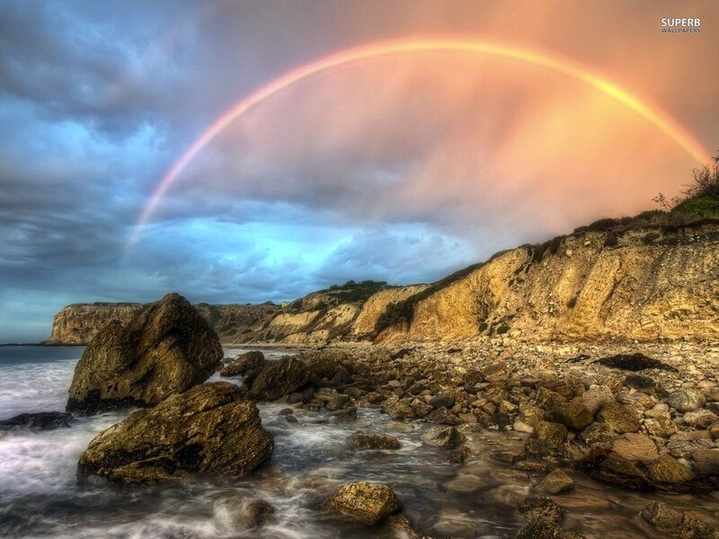 Rainbow over Rocky Shore — Blue, Dramatic