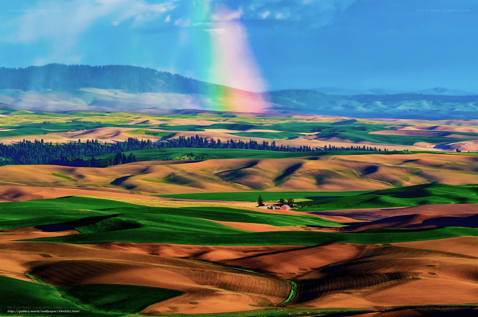 Rainbow over rolling hills