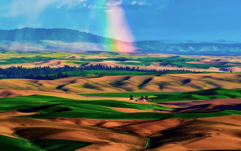 Rainbow over Rolling Hills — Green, Serene, Afternoon, Photograph, Farmhouse