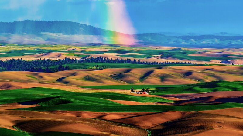 Rainbow over Rolling Hills — Green, Serene, Afternoon, Photograph, Farmhouse, Trees