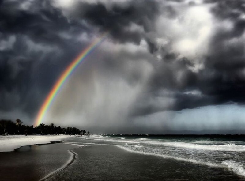 Rainbow over Stormy Beach — Gray