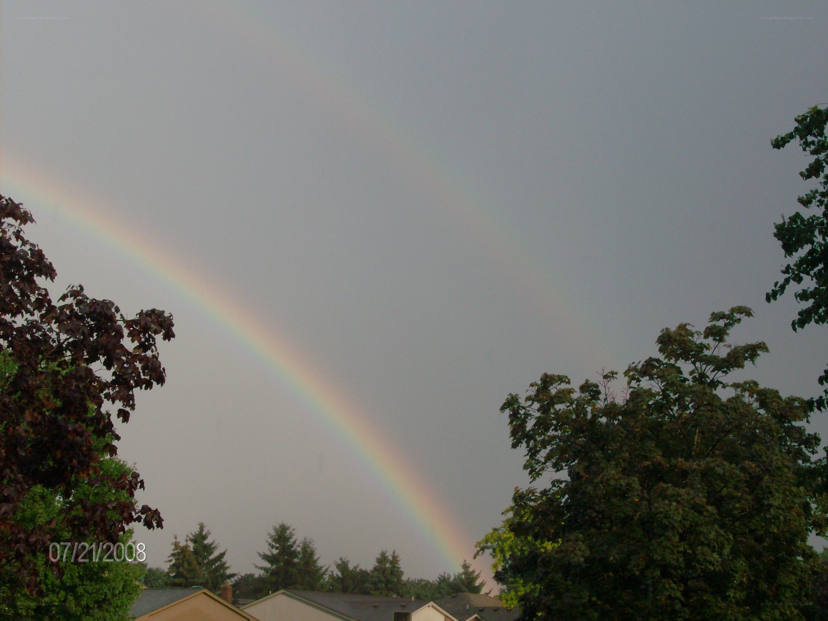 Rainbow over suburban homes