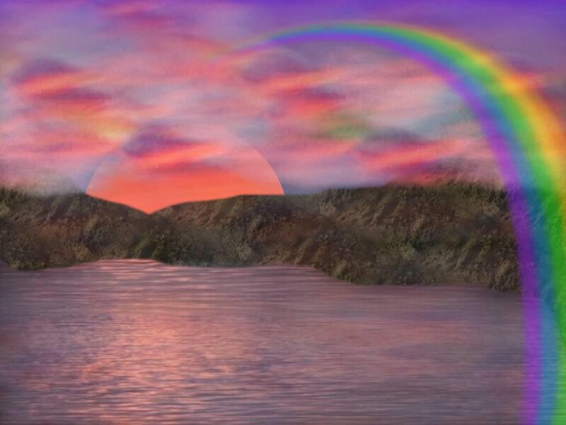 Rainbow over sunset lake