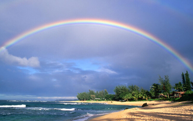 Rainbow over Tropical Beach — Blue, Dramatic