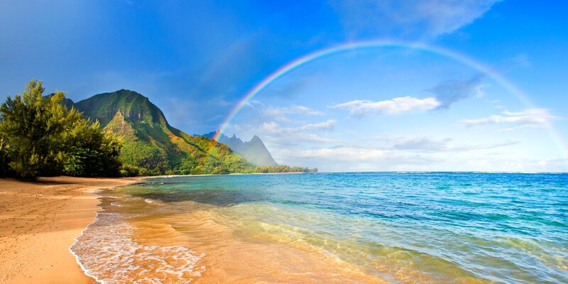 Rainbow over Tropical Beach — Blue, Serene, Afternoon, Photograph, Mountain, Ocean