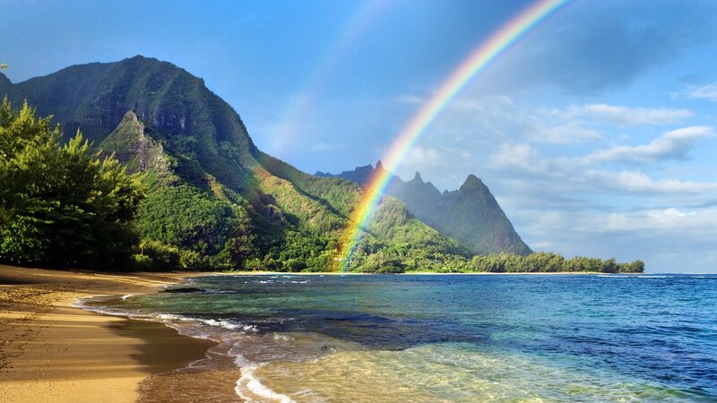 Rainbow over Tropical Beach — Blue, Serene, Afternoon, Photograph, Mountains
