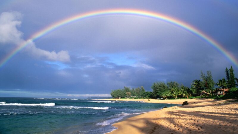 Rainbow over Tropical Beach — Blue, Serene, Afternoon