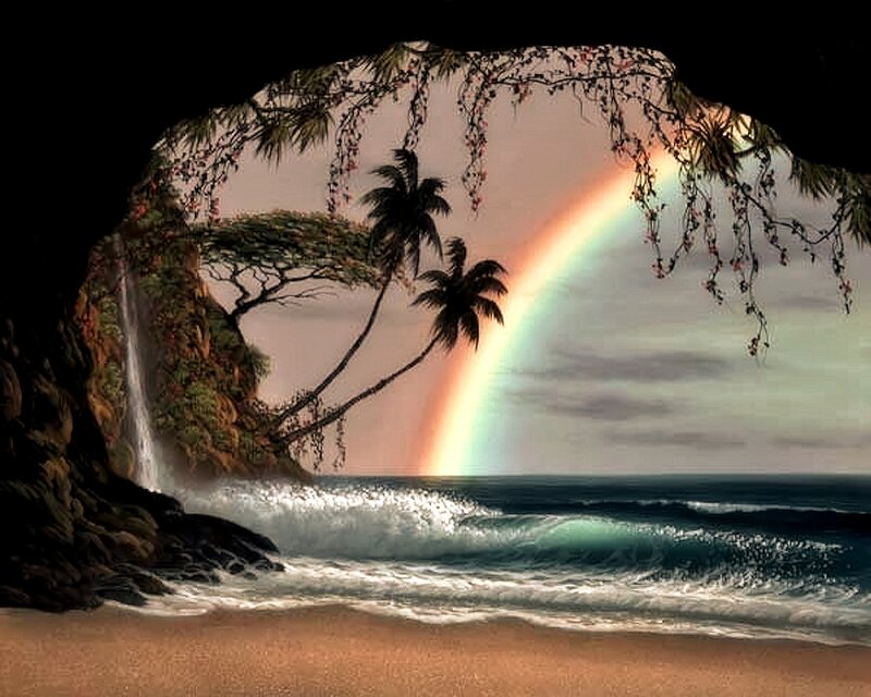 Rainbow over Tropical Beach — Blue, Serene, Sunset