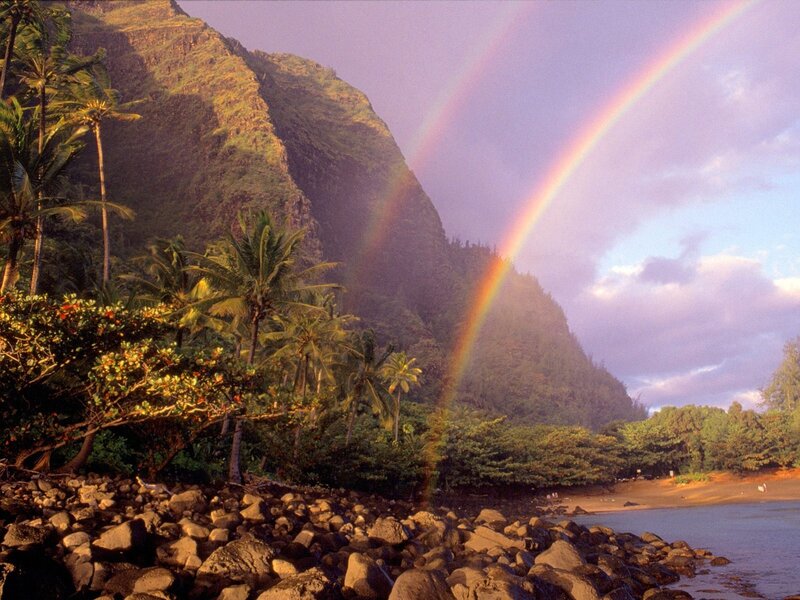 Rainbow over tropical coast