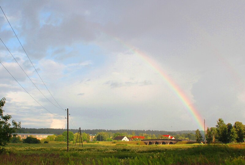 Rainbow over Village — Green, Serene, Afternoon