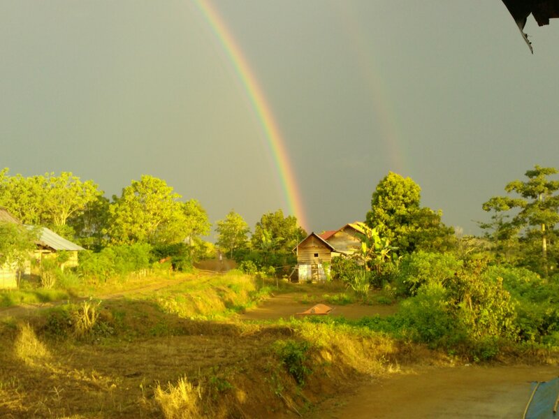 Rainbow over Village — Green, Serene