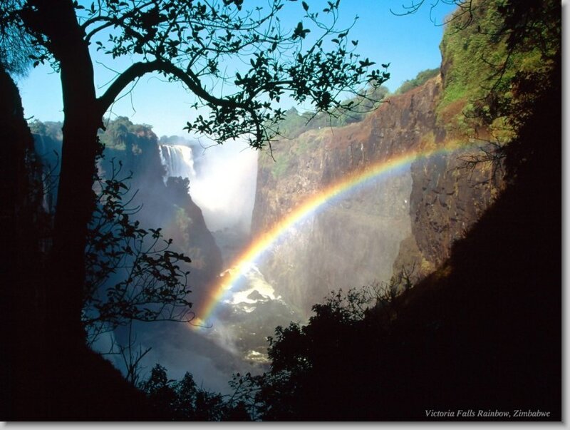 Rainbow over Waterfall — Blue, Dramatic, Afternoon